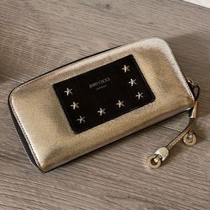 JIMMY CHOO Zippy Wallet Star Studs Gold Leather